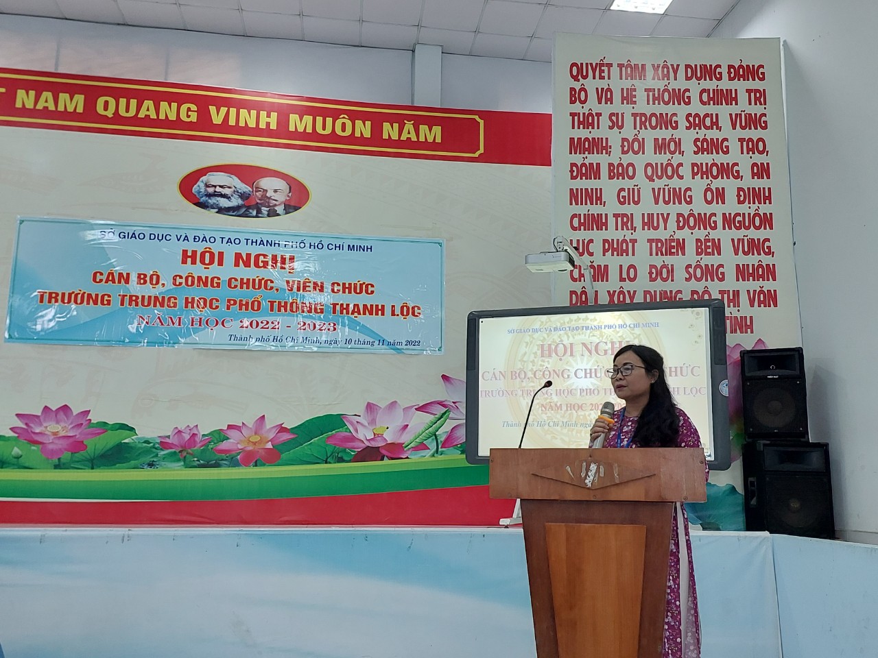 Phát biểu của lãnh đạo cấp trên- cô Nguyễn Thị Gái- chủ tịch công đoàn ngành giáo dục  TP